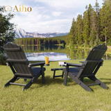 Folding Adirondack Chair Set of 2 with Retractable Ottoman, HIPS All-Weather Patio Chairs with Cup Holder, for Patio Garden Backyard Lawn Outdoors Fire Pit - Black