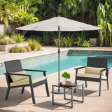 3-Piece Outdoor Patio Furniture Sets ，Modern Rattan Chair Conversation Sets with Soft Cushions, Glass Table and Comfortable Armrests for Balcony, Porch, and Garden - Beige