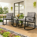 Asofer 3 Piece Outdoor Bistro Set,Porch Rocking Chairs Sets with Glass Coffee Table & Cushion, for Balcony, Garden, Beige、Gray