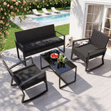 Asofer 4-PCS Outdoor Patio Furniture Set with Glass Table, 2 Wicker Rocking Chair for Backyard, Poolside, Porch, Black