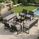 8-Piece Patio Furniture Set, Jolifa Outdoor Conversation Set with 4 Rocking Chairs, 2 Loveseats, 2 Glass Tables and Removable Cushions, Gray