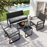 Asofer 4-PCS Outdoor Patio Furniture Set with Glass Table, Rocking Wicker Bistro Set for Backyard, Poolside, Porch, Grey