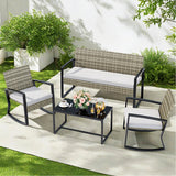 Patio Furniture Set for 4,Lofka 4 Pieces Patio Comversation Set with Outdoor Rocking Chairs,Rattan Loveseat,Glass Bistro Coffee Table,Removable Cushion for Backyard Balcony Lawn Pool,Gray