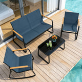 4 Piece Patio Outdoor Furniture Set, Textilene Patio Bistro Set with Rocking Chairs, Loveseat and Glass Table for Backyard Porch, Blue