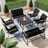 8-Piece Patio Rocking Chair Set with Loveseat and Glass Coffee Table, Outdoor Conversation Furniture with Textilene Seats, Wood Armrests and Steel Frame for Porch, Deck, Garden, Backyard, Black