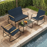 4‑Piece Patio Furniture Set, Jolifa Outdoor Conversation Set with Blue Textilene Rocking Chairs & Loveseat, Glass Coffee Table, Black Metal Frame for Balcony, Poolside, Backyard