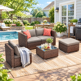 Patio Furniture Set, Asofer 5 Piece Outdoor Conversation Sectionals with Cushions and Tea Table, Gray