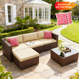Outdoor Furniture Set, Lofka All-Weather 5-Piece Patio Furniture Set with Tempered Glass Table & Thick Cushions, Beige Rattan Conversation
