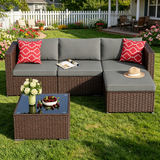 Patio Furniture Set, Asofer 5 Piece Outdoor Conversation Sectionals with Cushions and Tea Table, Gray
