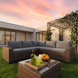 Patio Furniture Set on Sale, Asofer 6-PCS Outdoor Sectionals with Rattan Sofa & Thickened Cushions & Coffee Table for Garden, Backyard, Gray