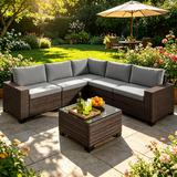 Asofer 6 Piece Outdoor Patio Conversation Sets，Spacious Patio Sectional Furniture Set with Adjustable Raised Feet，Thicken Cushions and A Coffee Table for Courtyard,Poolside,Party,Gray/Beige