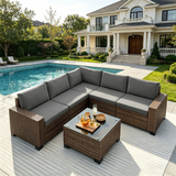 6 Piece Outdoor Patio Conversation Sets,Asofer Spacious Patio Sectional Furniture Set with Adjustable Raised feet,Thicken Cushions and a Coffee Table for Courtyard,Poolside,Party,Gray