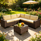 Asofer 6 Piece Outdoor Patio Conversation Sets，Spacious Patio Sectional Furniture Set with Adjustable Raised Feet，Thicken Cushions and A Coffee Table for Courtyard,Poolside,Party,Gray/Beige