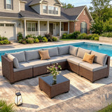 7 Pieces Patio Furniture Set, Asofer Rattan Wicker Outdoor Conversation Sectional Sofa Set with Upgraded Feet and Glass Coffee Table for Backyard,Porch,Poolside,Gray