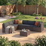 7‑Piece All‑Weather PE Rattan Outdoor Patio Furniture Set, Jolifa Modular Wicker Conversation Sectional Sofa with Upgraded Feet & Glass Coffee Table for Backyard, Poolside, Porch, Garden, Black