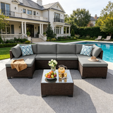 Asofer 7 Piece Outdoor Patio Conversation Sets，Patio Sectional Furniture Set with Ottomans and A Coffee Table for Courtyard，Poolside，Party，Gray