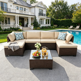 Asofer 7 Piece Outdoor Patio Conversation Sets，Patio Sectional Furniture Set with Ottomans and A Coffee Table for Courtyard，Poolside，Party，Gray