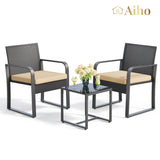 3 Piece Patio Bistro Set, Outdoor Chairs with Glass Table Rattan for Balcony, Patios, Grey Cushion