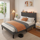Asofer Full Bed Frame w/Upholstered Wingback, Wood Slats, Charging Station & LED Lights, Dark Gray