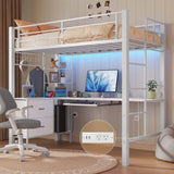 Jolifa Loft Twin Bed Frame with Desk, RGB Lights and Charging, Metal Loft Bed Frame with Fabric Drawers and Shelves- white