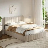 Asofer Full Bed Frames with 4 Storage Drawers on Wheels, Headboard Adjustable, Wood Slats, Beige