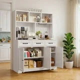 Noelse Kitchen Pantry Cabinet with Microwave Shelf 60" Tall Coffee Bar Cabinet with Storage Kitchen Hutch with Countertop for Dining Room and Craft Room, White
