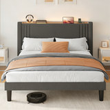 Bed Frame Queen Size with LED Lights & Charging Station, Lofka Upholstered Wingback Bed with Storage Headboard, No Box Spring Needed, Dark Gray