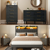 Modern Bedroom Furniture Set, Queen Bed Frame with Charging Station & LED Lights, 2 Nightstands, 5-Drawer Dresser & 6-Drawer Chest, Black