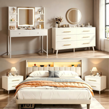 Lofka Queen Bedroom Furniture Set, LED Bed Frame with Charging Station, Nightstands, Vanity & 6-Drawer Chest