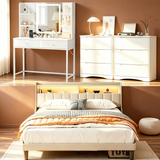 Bedroom Furniture Set,Lofka Queen Bed Frame, 2 Wood 3 Drawer Dressers &Vanity Desk with Table, Mirror and Lights for Large Bedrooms