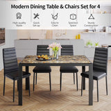 5-Piece Glass Dining Table Set, Asofer Kitchen Modern Dining Table Set Of 4, Accommodates PU Leather Chairs, Kitchen Dining Table And Dining Chairs For Home, Living Room, Marble