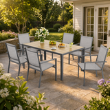 Patio Dining Set For 6, Asofer 7 Pcs Outdoor Dining Set with Metal Table with Umbrella Hole And Stackable Textilene Chairs for Garden & Yard, Gray