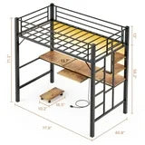 Asofer Twin Metal Loft Bed with Desk, Charging Station & LED Lights - CPU Station, 13" Guardrail, Retro