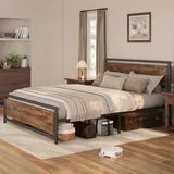 Asofer Full Metal Platform Bed Frame with Wooden Headboard, Large Underbed Storage, Brown