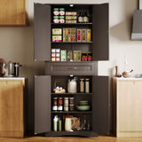 Kitchen Pantry Storage Cabinet with Upper and Lower Doors and Split Drawer Design, Dark Brown