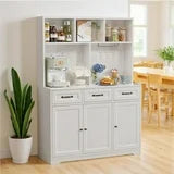 Noelse Kitchen Pantry Cabinet with Microwave Shelf 60" Tall Coffee Bar Cabinet with Storage Kitchen Hutch with Countertop for Dining Room and Craft Room, White