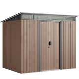 Lofka 8' x 6' ft. Outdoor Storage Shed with Sliding Doors, Metal Garden Shed with Transparent Panel Windows for Storing Lawn Mower, Electric Drill, Brown