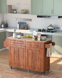 Noelse 52" Kitchen Island Carts with Drop Leaf, Large Island Table for Kitchen with Rubber Wood Top and Rack and Storage Cabinet, Brown