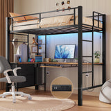 Jolifa Loft Twin Bed Frame with Desk, RGB Lights and Charging, Metal Loft Bed Frame with Fabric Drawers and Shelves- Black+Retro