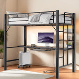 Jolifa Twin Metal Loft Bed Frame with Desk & CPU Station, Charging & RGB Lights, Safety Rails - Black