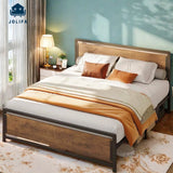 Jolifa Queen Size Bed Frame with Wooden Headboard and Footboard, Sturdy Frame, Retro Brown