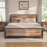 Asofer Queen Bed Frame with with Rustic Vintage Wood Headboard and Footboard, No Box Spring Needed, Gray