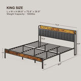 Asofer King Bed Frame with Storage Headboard, Metal Platform, Dark Gray