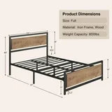 Asofer Full Metal Platform Bed Frame with Wooden Headboard, Large Underbed Storage, Brown