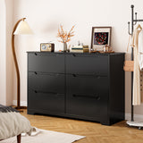 6 Drawer Double Dresser with Cutout Handles, Modern Wood Chest of Drawers, Smooth Metal Rail, Black