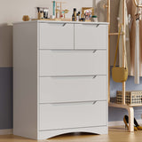 Dresser, Lofka 5 Drawer Dresser for Bedroom with Cutout Handle and Wooden Board, White