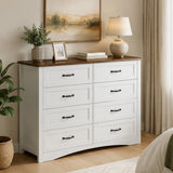 Lofka Two-Tone Dresser for Bedroom, 8 Drawer White Cabinet & Brown Wood Top, Modern Farmhouse Storage Chest, Sturdy Bedroom Dresser with Metal Handles & Anti-Tip Design
