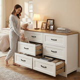 Lofka Two-Tone Dresser for Bedroom, 6 Drawer White Cabinet & Brown Wood Top, Modern Farmhouse Storage Chest, Sturdy Bedroom Dresser with Metal Handles & Anti-Tip Design