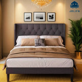 Jolifa Queen Size Bed Frame with Button Tufted Wingback Headboard for Bedroom, Dark Grey