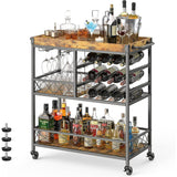 Bar Cart, Lofka 38" Home Bar Serving Cart with Removable Top Tray, Rack Glass Holder, Lockable Wheels - Brown